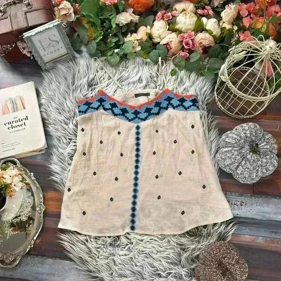 THML Women's Embroidered Beige Blue Orange Spaghetti Strap Gauzy Top - Picture 1 of 8